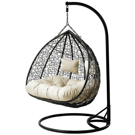 Silla hamaca colgante Miami 199, Negro + Crema, 200x132x120cm, Metal, Mimbre plástico, Tapiz, Plastic wicker, Metal, Tapestry