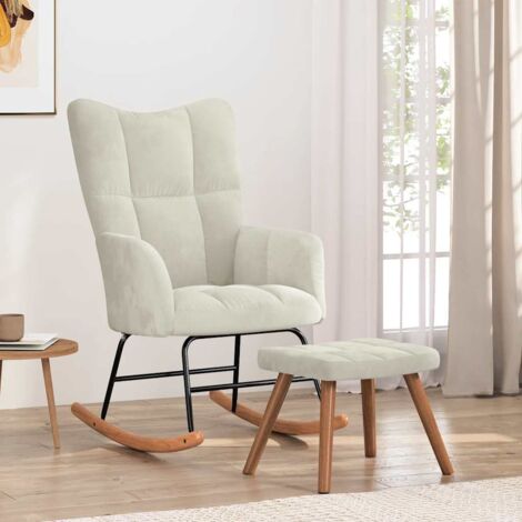 Silla mecedora con reposapiés terciopelo crema