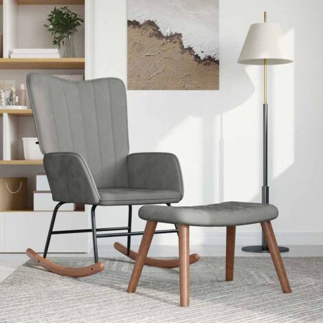 Silla mecedora con reposapiés terciopelo gris claro