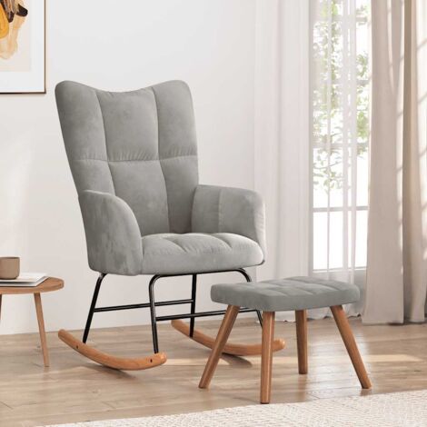 Silla mecedora con reposapiés terciopelo gris claro
