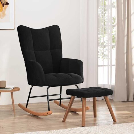Silla mecedora con reposapiés terciopelo negro