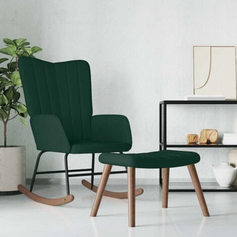 Silla mecedora con reposapiés terciopelo verde oscuro