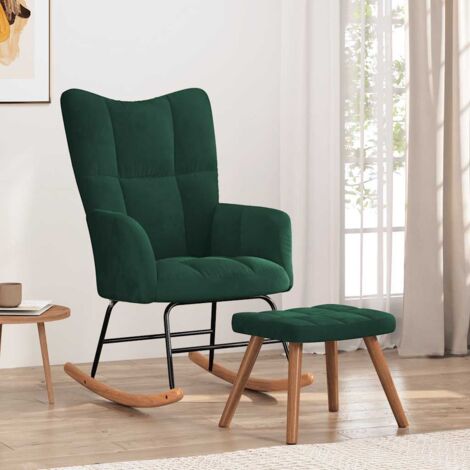 Silla mecedora con reposapiés terciopelo verde oscuro