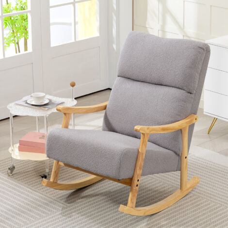 Silla Mecedora de Borreguito con Patas y Reposabrazos de Madera de Caucho Mecedora Carga 120 kg Gris Claro