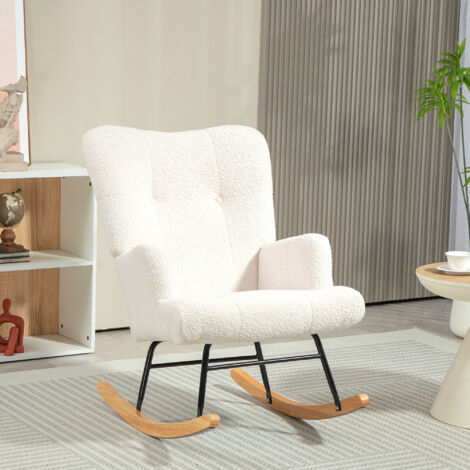 Silla Mecedora de Borreguito con Respaldo Capitoné y Base de Madera de Caucho para Salón o Dormitorio 65x88x87 cm Crema