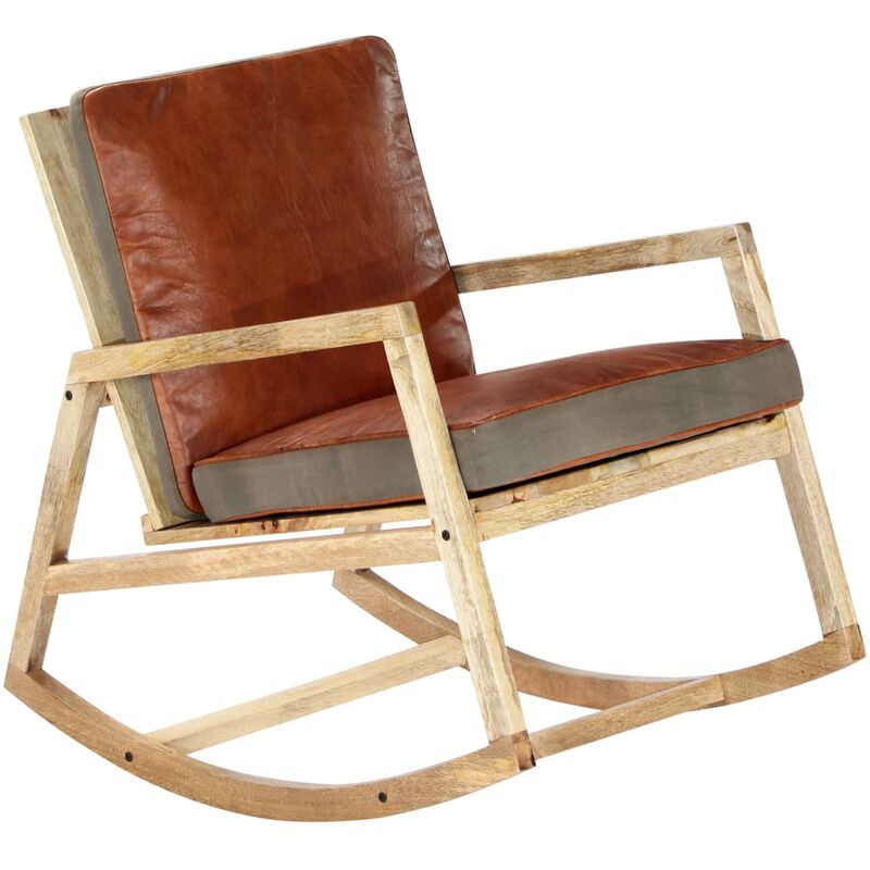 

Silla mecedora de cuero auténtico y madera mango maciza marrón