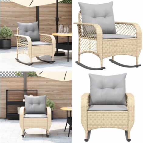 Silla mecedora de jardín con cojines ratán sintético beige - Cojín sintético - Ratán sintético