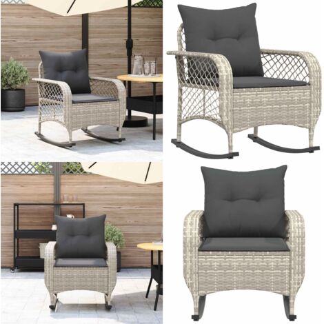 Silla mecedora de jardín con cojines ratán sintético gris claro - Cojín sintético - Ratán sintético