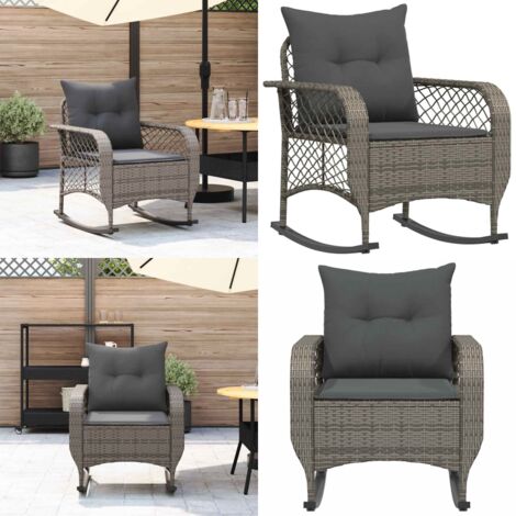 Silla mecedora de jardín con cojines ratán sintético gris - Cojín sintético - Ratán sintético
