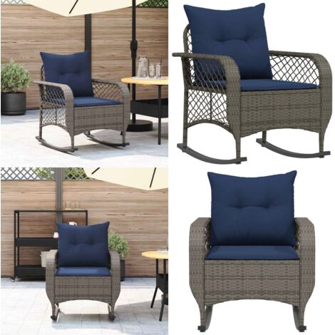 Silla mecedora de jardín con cojines ratán sintético gris - Cojín sintético - Ratán sintético