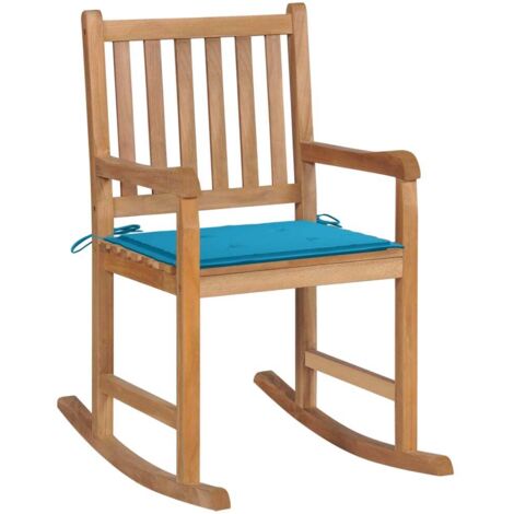 Silla mecedora de madera maciza de teca con cojín azul