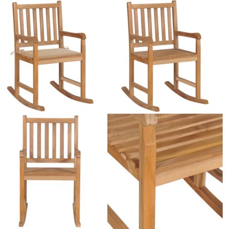 Silla mecedora de madera maciza de teca con cojín beige - Silla de jardín - Silla de madera de teca
