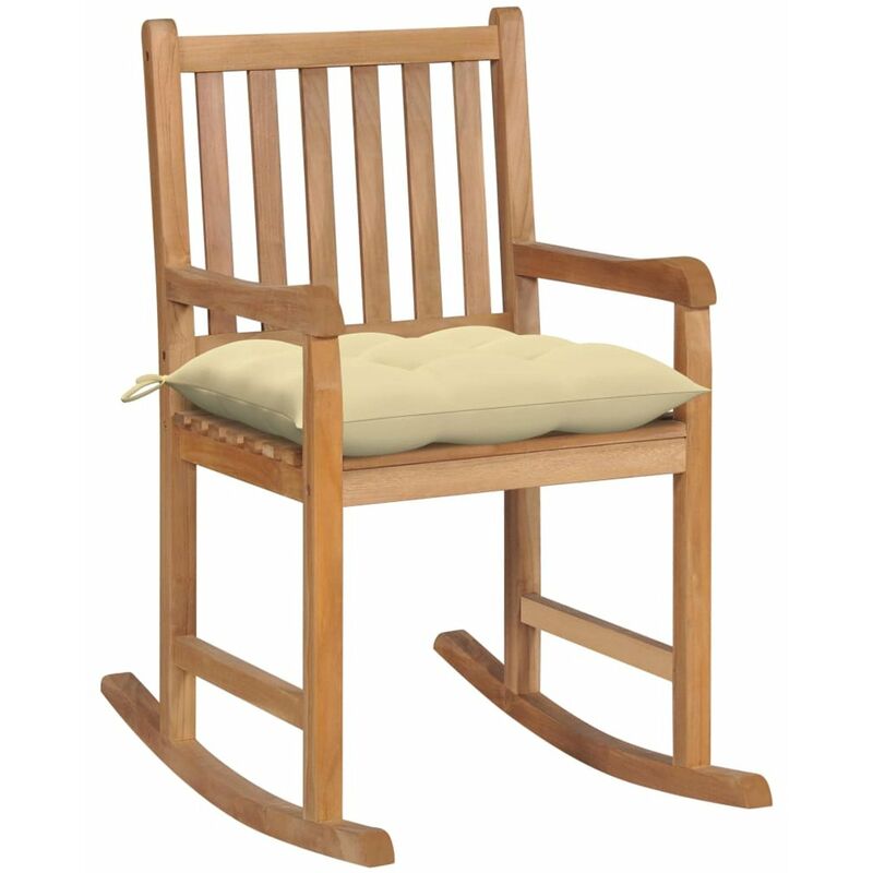 

Happyshopping - Silla mecedora de madera maciza de teca con cojin blanco crema