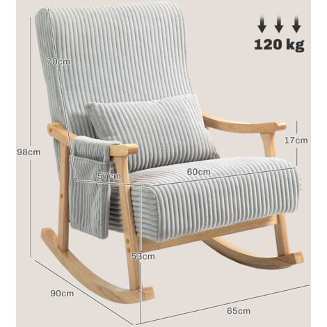 Silla Mecedora de Pana con Patas y Reposabrazos de Madera de Caucho Cojín Lumbar y Bolsillo Carga 120 kg Gris