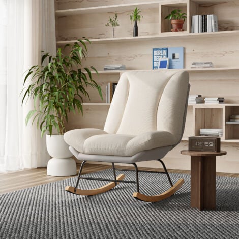 FORTUNA LAI Silla mecedora reclinable, rocking chair con respaldo ajustable en 12 niveles, 74x90.5x99cm, tejido lino+Leathaire, beige.