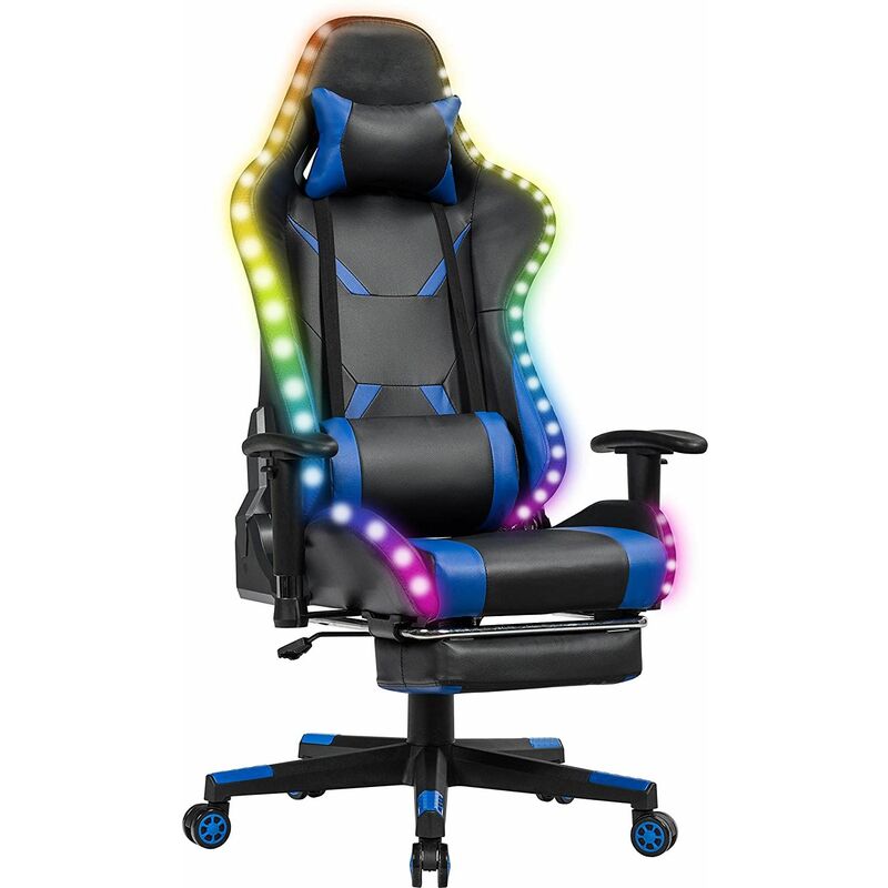 

Silla para Gaming Ergonómico con Luces Taburete Giratoria con Respaldo,Reposabrazos y Reposapiés Silla de Carreras (Azul)