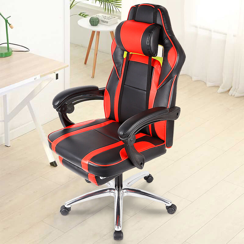 

Silla para juegos, silla para juegos, cojín lumbar y reposacabezas, altura ajustable, silla de oficina de PU Racing rojo negro, silla giratoria para