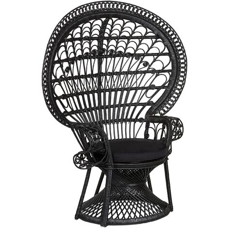 Silla pavo real de ratán negro 150 x 68 cm asiento cojín respaldo alto Emmanuelle