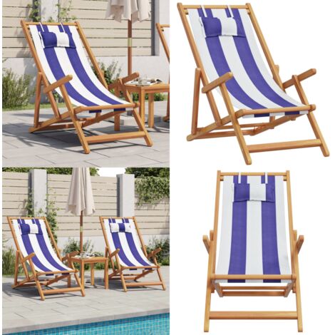 Silla playa plegable madera maciza eucalipto y tela azul blanco - Silla de exterior - Silla de jardín