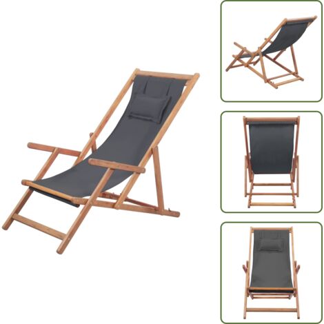 Silla reclinable - vidaXL Silla de playa plegable de tela y estructura de madera gris - Silla plegable
