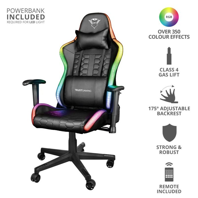 

Silla gaming gxt 716 rizza rgb led gaming giratoria 360 respaldo ajustable 175º bordes iluminados mando a distancia color negro 23845 - Trust