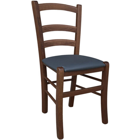Silla veneciana de madera de nogal oscuro con asiento tapizado en polipiel gris antracita