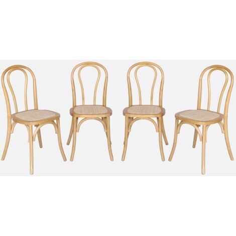 Silla vintage de madera y ratán, set de 4