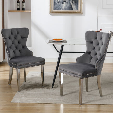 Sillas comedor con diseño de cabeza de clavo, con aldaba, patas de metal, terciopelo, 2 piezas, gris