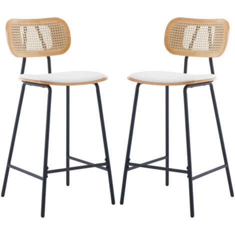 Sillas de Bar de Madera Juego de 2 Cojín de PU Taburetes de Cocina con Respaldo Rattán Sillas Rústico para Hogar Restaurante, Blanco