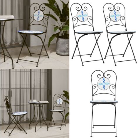 Sillas de bistró plegables 2 uds cerámica azul y blanco - Sillas de jardín cerámica - Sillas de exterior