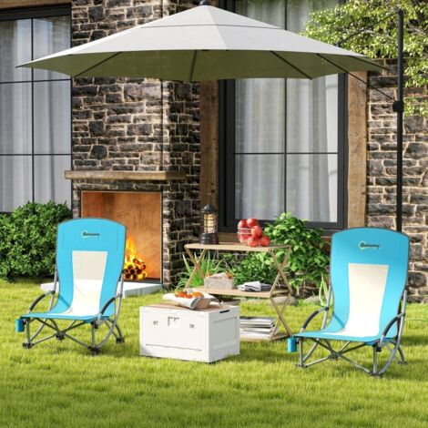 Sillas de camping plegables de exterior de metal azules, set de 2, con portavasos, respaldo de malla y bolsa de transporte