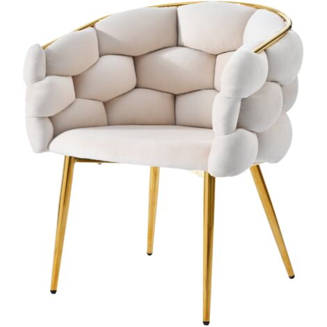 Sillas de Comedor 1 Pieza Lujosas Respaldo Bubble Patas Hierro Dorado y Terciopelo Beige