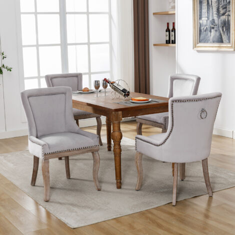Sillas de Comedor 4 Piezas Lujosas Tapizadas con Clavos Patas de Madera y Asiento Terciopelo Gris para Cocina y Salón