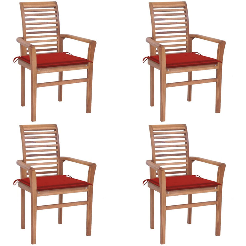 

Sillas de comedor 4 uds madera maciza de teca con cojines rojos