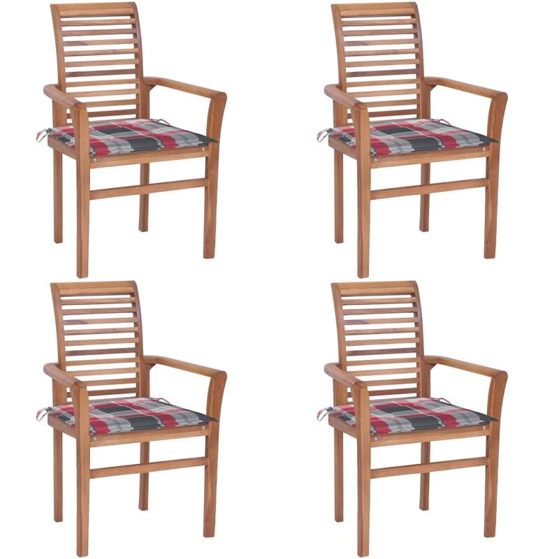 

Sillas de comedor 4 uds madera teca y cojines a cuadros rojos