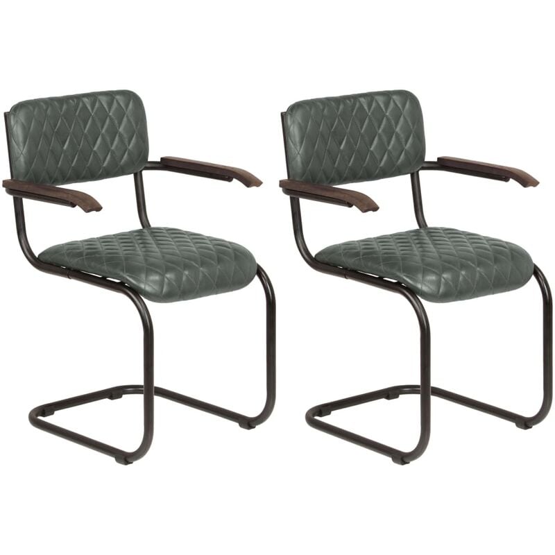

vidaXL Sillas de Comedor Cuero Auténtico 2 Unidades Gris con Reposabrazos - Gris