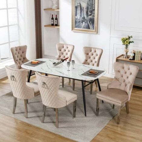 Sillas de Comedor 6 Piezas Respaldo con Aldaba Única y Clavos Patas Metal Asiento Terciopelo Beige