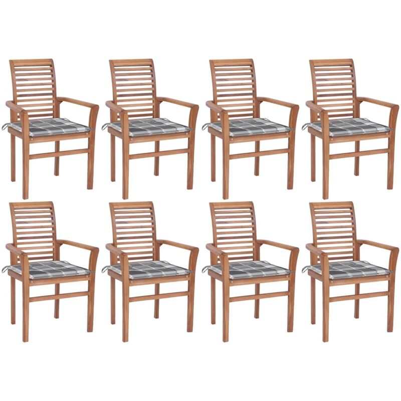 

Sillas de comedor 8 uds teca maciza y cojines a cuadros grises
