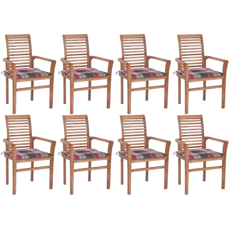 

Sillas de comedor 8 uds teca maciza y cojines a cuadros rojos