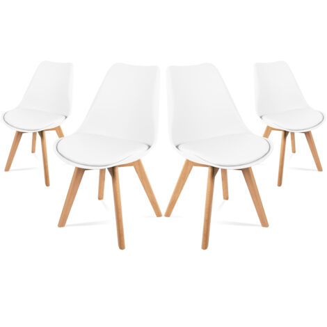 Sillas de comedor blancas, diseño nordico, sillas tulip para salon, oficina, sala de estar, despacho o terraza, respaldo ergonomico, asiento acolchado y patas de madera, blanco, pack de 4 sillas