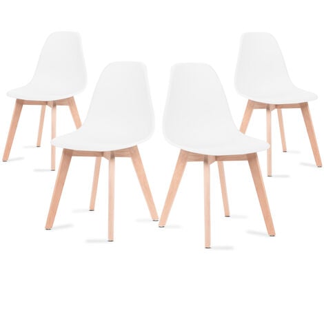 Sillas de comedor blancas, sillas tulip con respaldo ergonómico de polipropileno y patas de madera, estilo escandinavo, pack 4 sillas