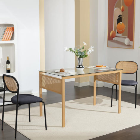 Sillas de comedor de 2 piezas, sillas de ocio sencillas, patas de soporte de metal, sillas de comedor de ratán, sillas para sala de estar y dormitorio, negras, respaldo ovalado