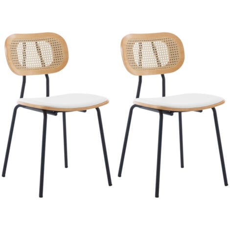 Sillas de Comedor de Madera Juego de 2 Sillas Cocina con Respaldo Sillas de Rattán Sillas de Cojín de PU para Hogar Salón Restaurante, Blanco