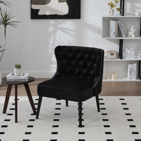 Sillas de comedor diseño sin brazos tiradores de botón adornos de remaches patas madera de terciopelo color negro