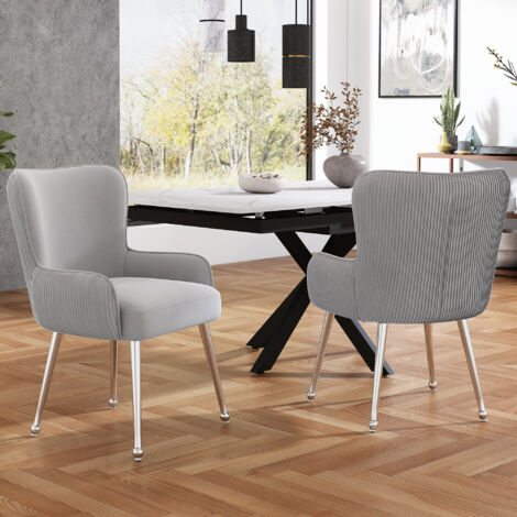 Sillas de comedor, sillón, patas de metal ajustables, terciopelo, sala de estar/dormitorio, contemporáneo - gris y plata, 2 piezas.