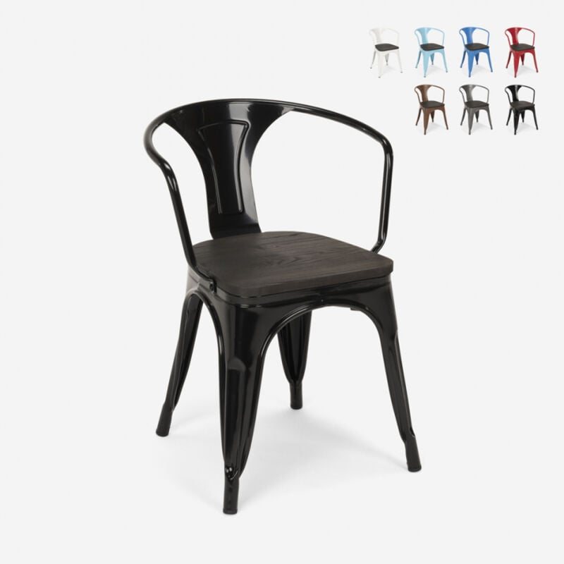 

Sillas de diseño de metal y madera estilo industrial tolix cocinas de bar Steel Wood Arm | Negro