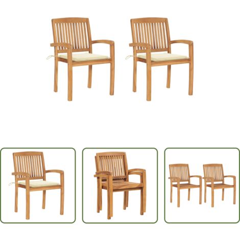 Sillas de exterior -  Sillas de jardín 2 uds con cojines madera maciza de teca crema