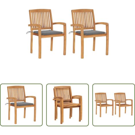Sillas de exterior -  Sillas de jardín 2 uds con cojines madera maciza de teca gris