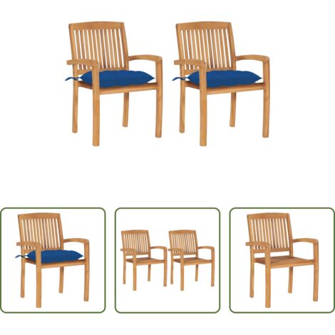 Sillas de exterior -  Sillas de jardín 2 uds madera maciza de teca con cojines azules