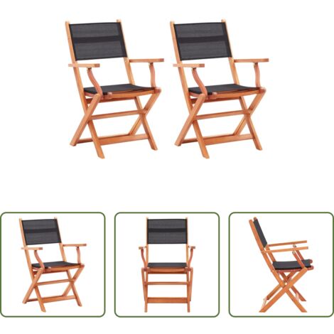 Sillas de exterior -  Sillas plegables jardín 2 uds madera eucalipto textilene negro